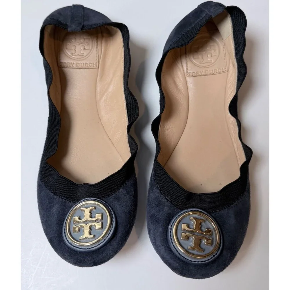 Tory Burch Caroline Ballet Flats Navy Blue Suede Gold Logo Leather Size 5.5